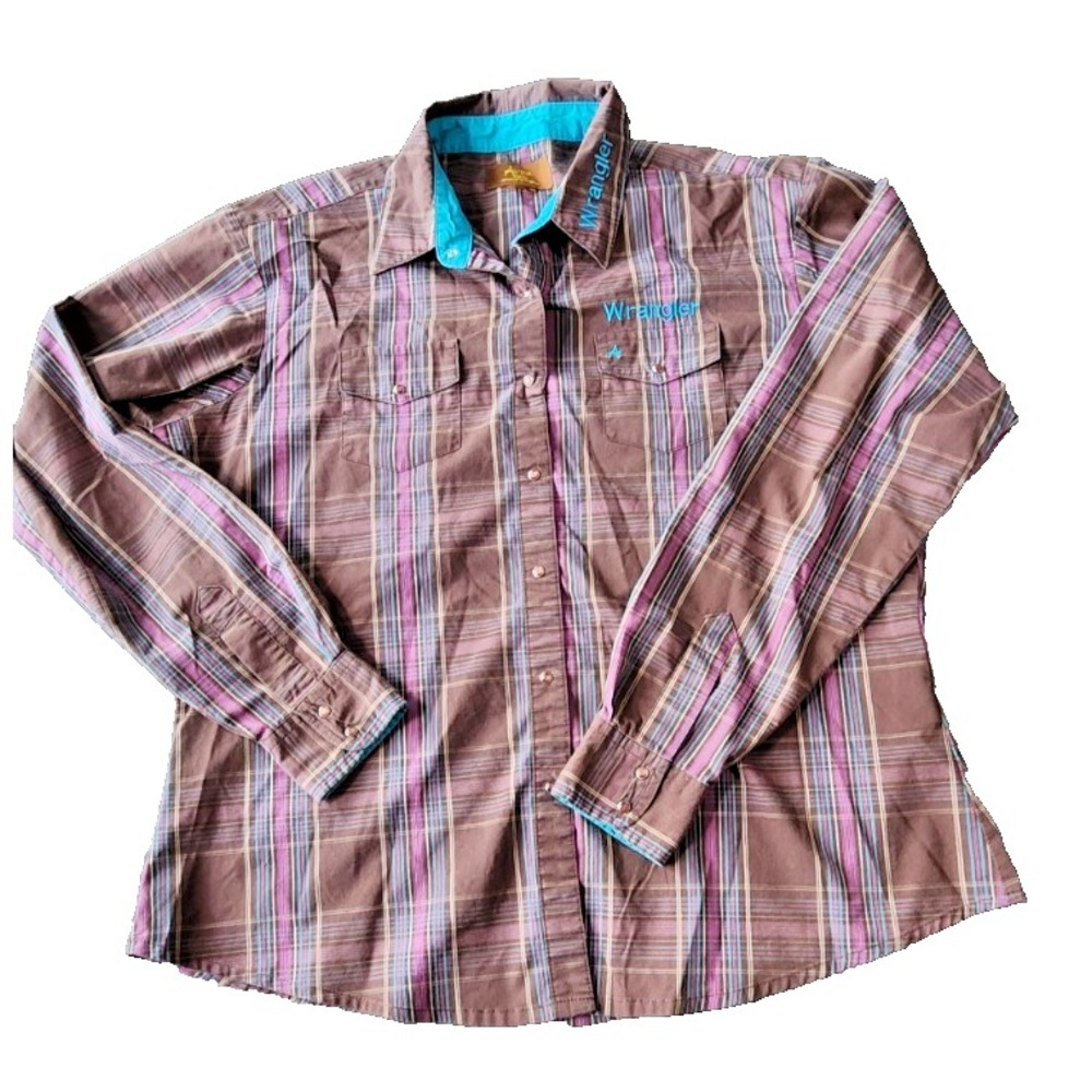 Wrangler Aura Womens Western Snap Shirt Brown Plaid Long Sleeve Cowgirl Top